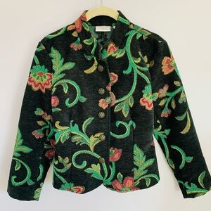 Floral Tapestry Jacket Black Green Pink Button Front Collarless EUC Small Petite